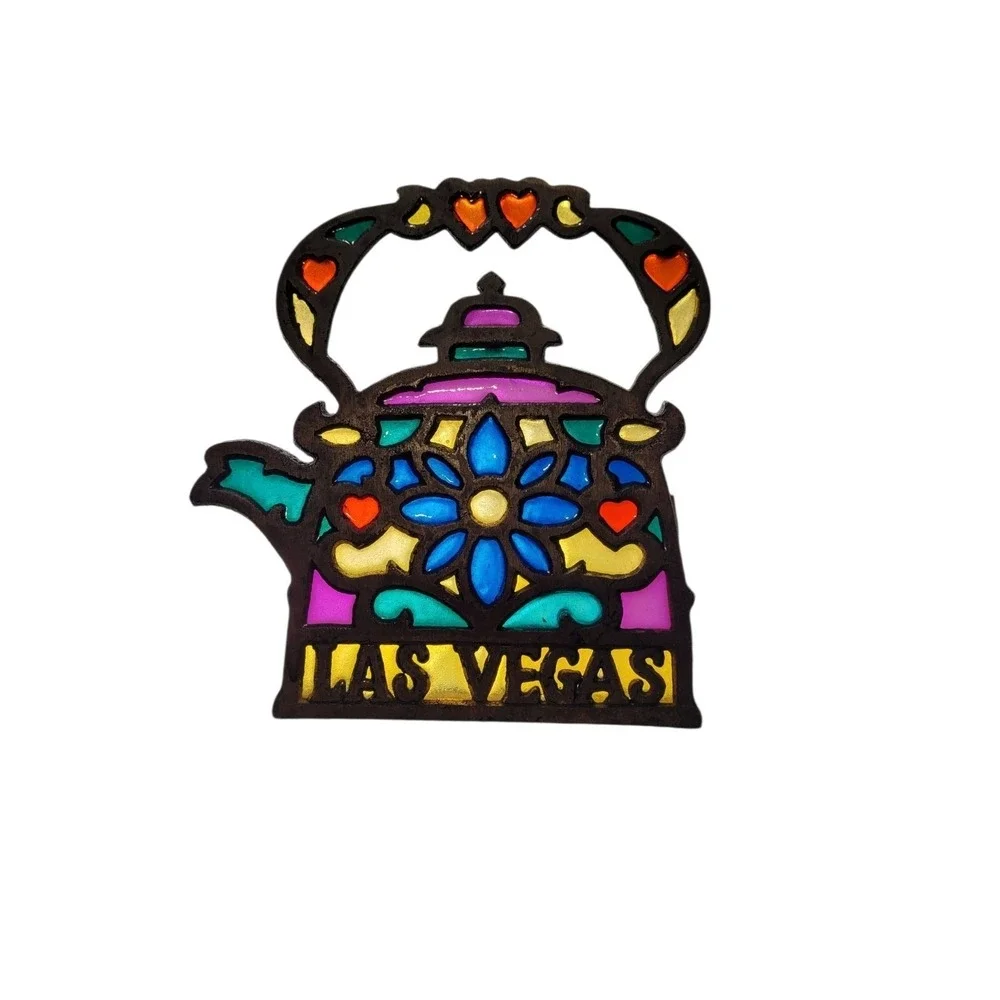 Vintage 1980's Las Vegas Trivet Cast Iron Stained Glass Tea Kettle Pot Taiwan